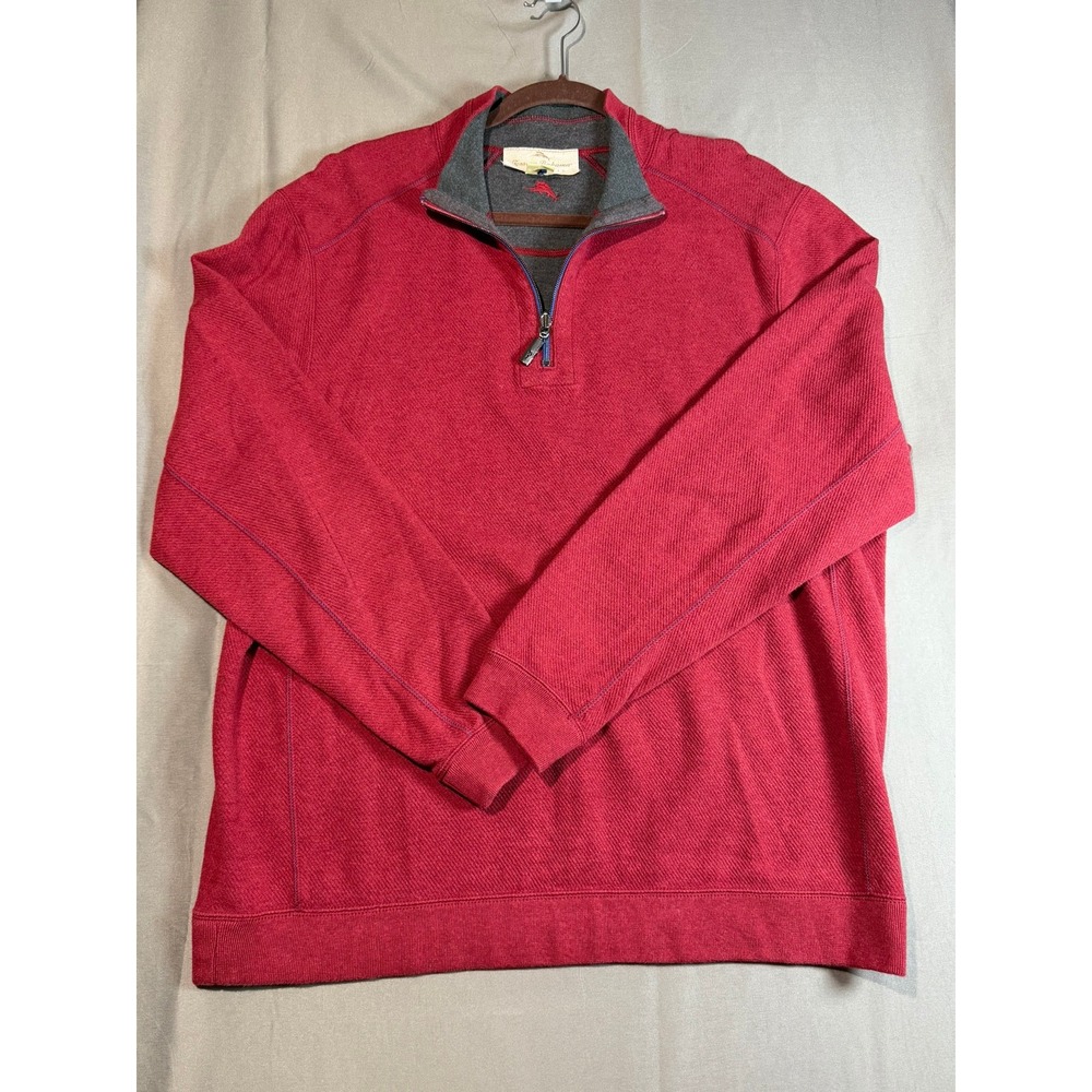 Tommy Bahama Reversible Quarter Zip Pullover Mens Large Red Charcoal Gray Cotton